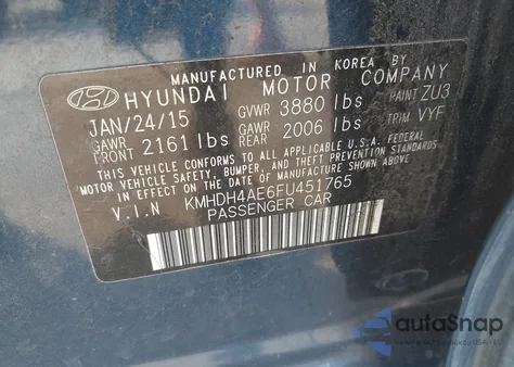 2015 Hyundai Elantra Se from USA, damaged, VIN KMHDH4AE6FU451765